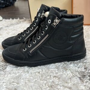 Chanel Black Leather High Top Sneakers